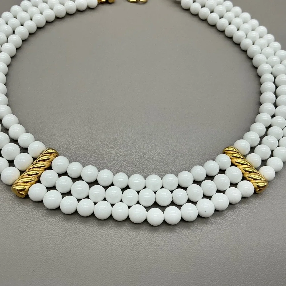 Vintage Monet Necklace White Bead Triple Strand Gold Tone Statement Signed